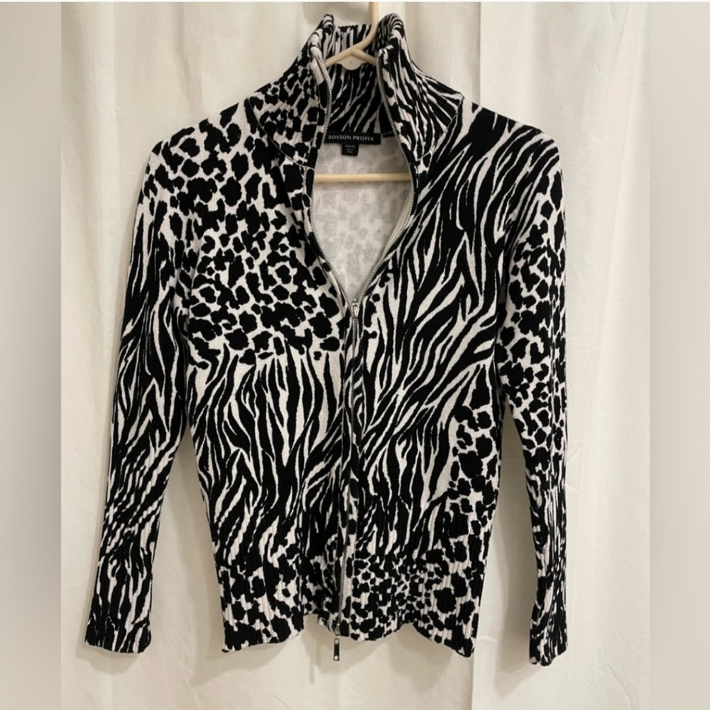 BOSTON PROPER ZIP FRONT ZEBRA BLOCK PRINT SWEATER SIZE 0 BLACK & BONE